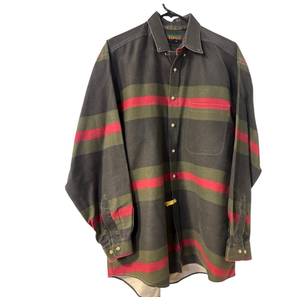 Tango Men’s VTG long Sleeve button down striped heavyweight canvas retro Size L
